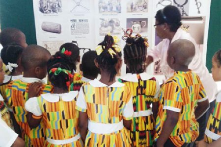 Nursery school students of the Centre for Learning and Afro-Centric Orientation being showed ACDA’s exhibition yesterday. The exhibition, commemorating African History Month, will continue until the end of February. 