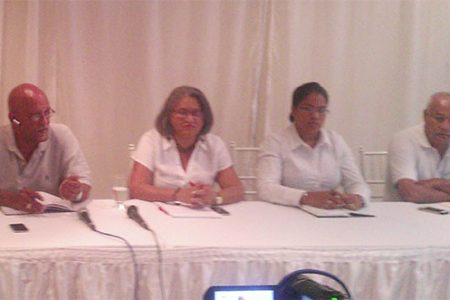 From left: Ron Robinson, Gem Madhoo-Nascimento, Parc Rayne’s Events Coordinator Anabelle Singh and Executive Director Ray Rahaman at yesterday’s press conference.  