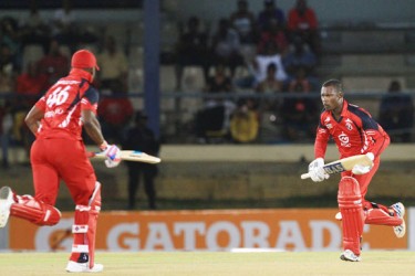 Darren Bravo and Jason Mohammed scamper the winning run. (Photo courtesy of WICB media) 