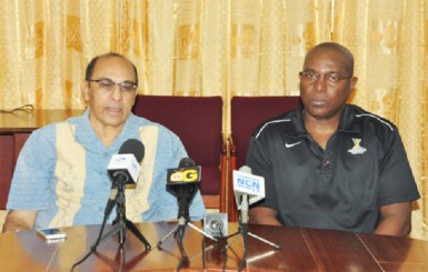 President of the GOA KA Juman-Yassin (left) makes a point at yesterday’s launch of the International Goodwill Tournament as GBA’s President Steve Ninvalle looks on. (Orlando Charles photo) 