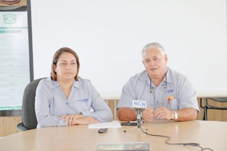 Director of Caribbean Chemicals Francesca Pires and of Agriculture Products Manager Martin Lopez at a press conference yesterday, where they warned that a “well organised” gang is using bogus cheques to defraud businesses.