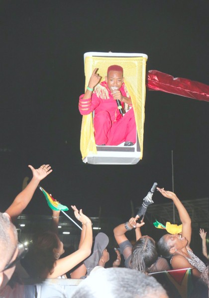 Jonathan ‘Lil Red’ King captivated hundreds yesterday when he soared high above them during his performance at the finals of the Carib Soca Monarch competition.   