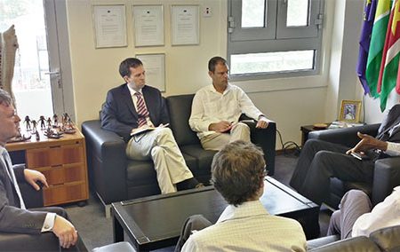 Ambassador Robert Kopecky [far left] and other EU officials in discussions with Ombudsman Winston Moore [far right] (EU photo)
