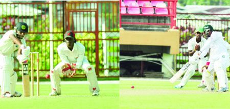 Veerasammy Permaul (right) and Devendra Bishoo offered resistance down the order during their 29-run partnership.