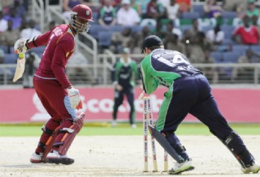 West Indies batsman Marlon Samuels is smartly stumped by Ireland’s wicketkeeper in his first game back from injury. (WICB media photo) 