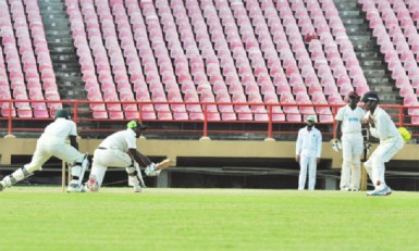 Ricardo Adams sweeps through mid-wicket. 