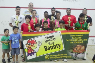 The various prize winners following the conclusion of the Guyana Squash Association’s handicap tournament last night at the Georgetown Club. 