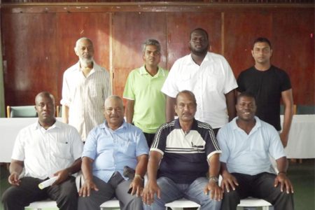 Members of the GCUC executive standing from right,Heuvel Cunha, Dawchand Nagassar, M. Yosef-Yisrael and Zaheer Mohamed. Sitting from right,Shannon Crawford, Dhieranidranauth Somwaru, Eddie Nicholls and Areligh Rutheford. Missing are Zabeer Zakier and Nigel Duguid.