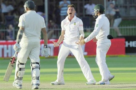 Dale Steyn exults after sending Brad Haddin’s middle stump clattering out of the ground. (Photo courtesy Cricket365)