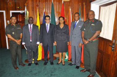 From left are Deputy GDF COS, Col Khemraj Persaud; inquiry facilitator, Hugh Denbow; Trinidad and Tobago, Senior Counsel Seenath Jairam; Jamaican Queen’s Counsel, Jacqueline Samuels-Brown; Sir Richard Cheltenham and Chief of Staff of the Guyana Defence Force, Brigadier Mark Phillips. (GDF photo) 