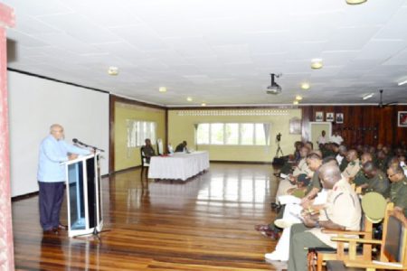 Commander-in-Chief, President Donald Ramotar, addressing the Guyana Defence Force’s (GDF) Annual Officers’ Conference yesterday. (GINA photo)