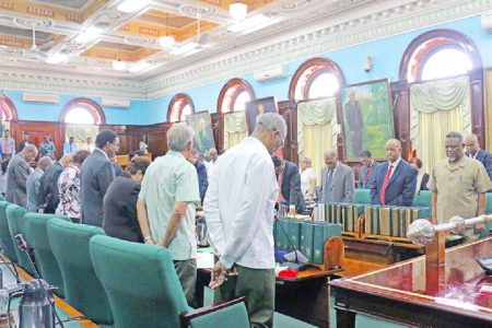 Minute of silence: A minute of silence being observed in the National Assembly yesterday for rice trailblazer and former PNC MP Kayman Sankar. He passed away earlier this month.  (Arian Browne photo)