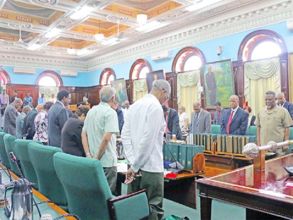 Minute of silence: A minute of silence being observed in the National Assembly yesterday for rice trailblazer and former PNC MP Kayman Sankar. He passed away earlier this month.  (Arian Browne photo) 