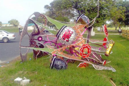For Mashramani floats, which are arguably the life of the party for at least one day every year, life after the party can be harsh. For example, this toppled float from the Region 4 contingent, which was left at the Carifesta Avenue entrance of the National Park.