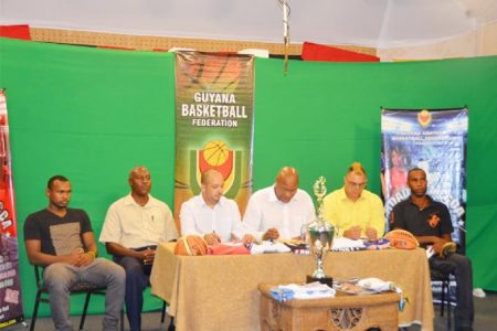 Members of the head table at Thursday’s press conference. From left, Colts’ captain Dave Causeway, Adrian George, GABA president Michael Singh, GABF president Nigel Hinds, Entertainer Kirk `Chow Pow’  Jardine and Pepsi Sonics captain Jason Squires.
