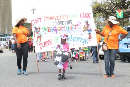 We are the masqueraders! East Ruimveldt Day Care Centre showcased ‘Masqueraders Dance of Celebration’ during a mini Mash parade today (Photo by Arian Browne)