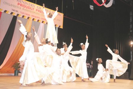 Region Six’s Corentyne Comprehensive in an energetic dramatization of `Trust in God’ in the religious beliefs section of the Children’s Mashramani Contest at the National Cultural Centre on Wednesday.