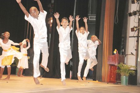 Zeeburg Secondary students in an energetic display  titled `Conquerors through divine glory’ at the Children’s Mashramani Contest at the National Cultural Centre on Wednesday.