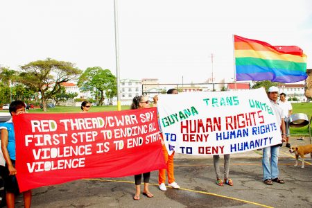 Red Thread and Guyana Trans United banners on display at Parade Ground. Over 300 persons from all walks of life took part in the Walk for Equality on Sunday, February 9, to say “No to violence”.