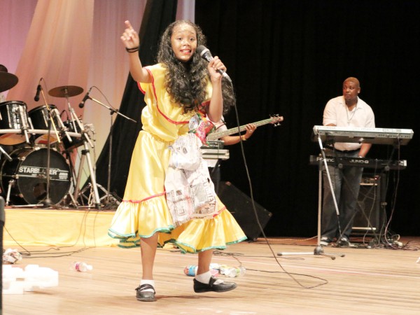 Michelle Brutus of the Success Elementary Primary in a calypso about the garbage dilemma in the children’s Mash contest at the National Cultural Centre yesterday.