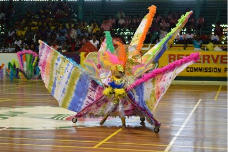 A student of Head Start Nursery School showcasing her costume under the Fantasy category at the Children’s Mashramani Competition at the Cliff Anderson Sports Hall on Thursday. (GINA photo)