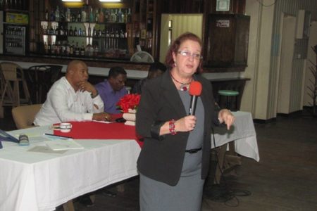 Presidential Advisor on Governance Gail Teixeira speaking at the Watooka Guest House on Wednesday evening on the importance of passing the anti-money laundering bill. (GINA photo)