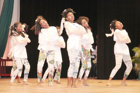 Region Four Diamond Secondary students performing `My own world’ in the social commentary segment of the Children’s Mashramani Contest at the National Cultural Centre on Wednesday.