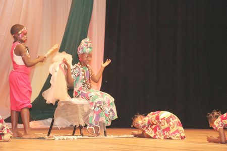 No.5 Primary students from Region Five performing `Delightful maids’ in the Children’s Mashramani Contest at the National Cultural Centre on Wednesday.