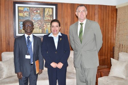 New PAHO/WHO Country Representative, Dr William Adu-Krow (left) with Minister of Foreign Affairs, Carolyn Rodrigues-Birkett and PAHO’s Senior Advisor Adriannus Vlugman. The new representative on Monday presented his Letters of Credence to Rodrigues-Birkett. (GINA photo)