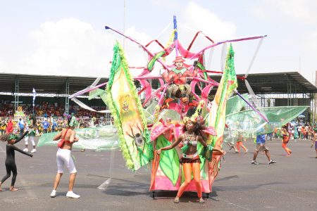 Region 1’s float ‘Anansi’ on the National Park tarmac during the Children Costume Parade on Saturday, sponsored by GT&T. (Photo by Arian Browne)