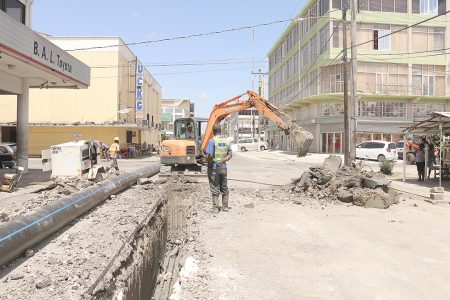 Work is continuing on the Georgetown Sewerage Rehabilitation Programme. It caused a buildup of traffic today on sections of Robb, Camp, Wellington and Regent streets since parts of Wellington and Charlotte streets were closed.