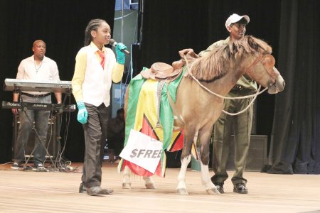 Colbert Fraser of Leonora Primary, Region Three trotting out his calypso yesterday entitled ‘No money’ with a bemused horse as a prop. Fraser was participating in the Children’s Mash Competition Finals at the National Cultural Centre. (Arian Browne photo)