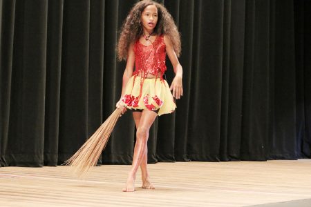 Tyra McKenzie of St John the Baptist Primary dramatizing Mr Ol’ Higue in the dramatic poetry segment of the children’s Mashramani contest yesterday at the National Cultural Centre.