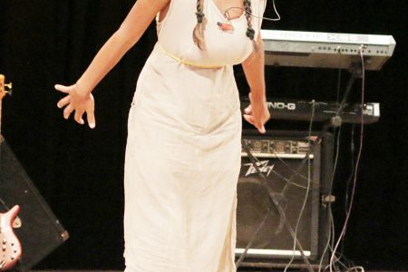 Angel Pearson of Mainstay Lake Primary, Region Two doing `Train yuh pickney’ in the dramatic poetry segment of the children’s Mashramani contest finals yesterday at the National Cultural Centre.