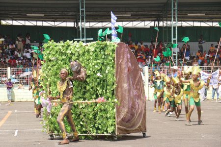 Tucville Primary School’s float ‘Beauty Within the Rainforest’ on the National Park tarmac during the Children Costume Parade on Saturday, sponsored by GT&T. (Photo by Arian Browne)