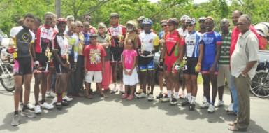 Winners, race officials, sponsors and representatives of the People’s Progressive Party following yesterday’s staging of the 17th Annual Cheddi Jagan Memorial cycle road race. (Orlando Charles photo)