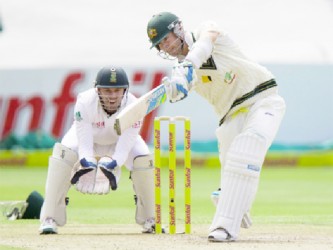 Australia captain Michael Clarke drives through the off side during his unbeaten century yesterday. (Photo courtesy of Cricket365)