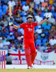 England batsman Stuart Broad celebrates victory winning the 2nd ODI v West Indies at Sir Vivian Richards Cricket Ground, North Sound, Antigua yesterday. (Photo courtesy of WICB media) 