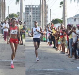 All alone! Male and female Wartsila 20K road race Cleveland Forde and Tanya Nero are all alone as they approach the finish line on Sunday. (Orlando Charles photos) 