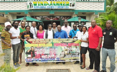 Vizion Sports and Entertainment Agency CEO Wally Fraser (centre) posing with members of the competing teams, sponsors, musical artistes and GFF following the conclusion of the press conference  