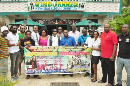 Vizion Sports and Entertainment Agency CEO Wally Fraser (centre) posing with members of the competing teams, sponsors, musical artistes and GFF following the conclusion of the press conference  