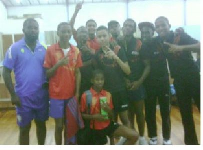 Guyana players post with the Suriname Table Tennis Association president Desire Hooghart at left.
