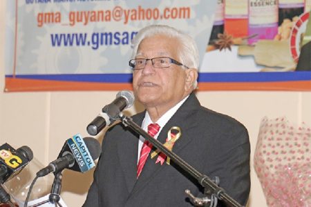 Former Trinidad and Tobago Prime Minister Basdeo Panday speaking at the GMSA event.