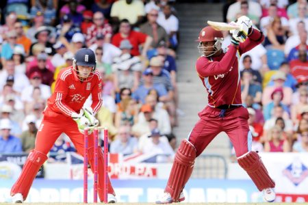 Marlon Samuels, in vintage Carl Hooper style, cuts a delivery for four. (WICB media photo)
