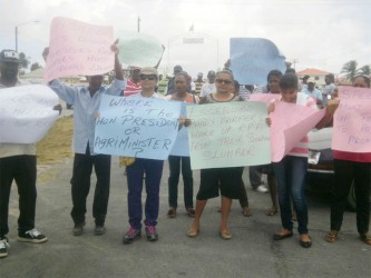 Protesters with their placards at the Anna Regina High Bridge 
