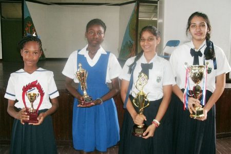 Joint first place winners: From left: Shaquana Goodluck of New Amsterdam Primary and Cindy Cossiah of St Aloysius Primary and Raveena Shiwprasad and Gaitry Rampersaud of Berbice High School
