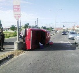 The Ford pickup truck rests on its side next to telling signage at Houston, East Bank Demerara. The vehicle remained in this position for close to an hour before it was towed away.