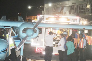 The aircraft with the injured after arrival at the Ogle Airport last evening