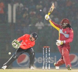 Chris Gayle smashed a stroke  filled half century in the West Indies’ warm up win over England yesterday. (Photo courtesy of WICB media) 