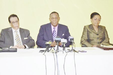 From left are Senior Counsel Seenath Jairam from Trinidad and Tobago; Barbadian attorney, Queen’s Counsel, and Chairperson, Sir Richard Cheltenham and Queen’s Counsel Jacqueline Samuels-Brown from Jamaica at the press conference. (GINA photo)